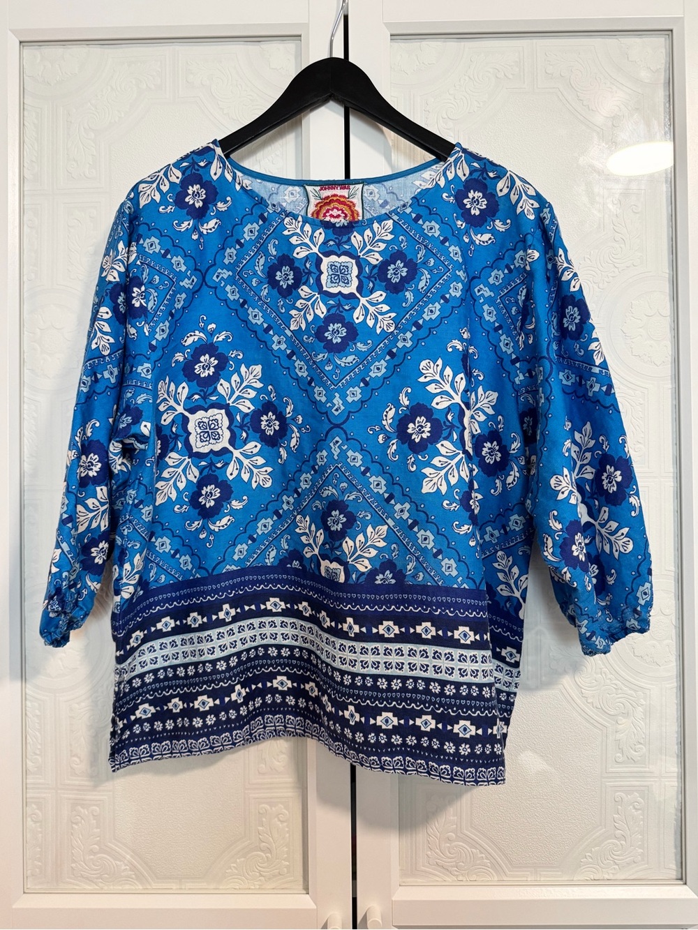 Johnny Was Blue Floral Bandana Linen Boat Neck Top